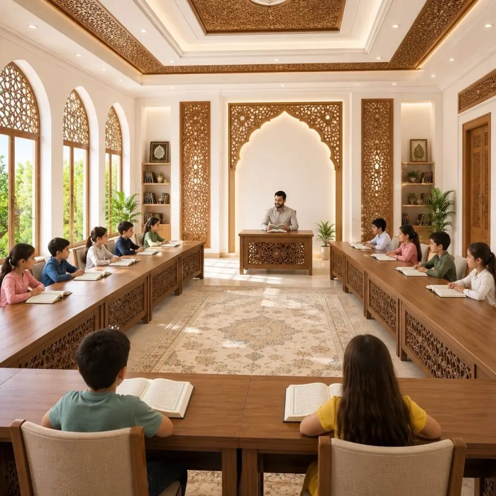 Illustration: children at long wooden desks in a mosque classroom, a teacher at the front.